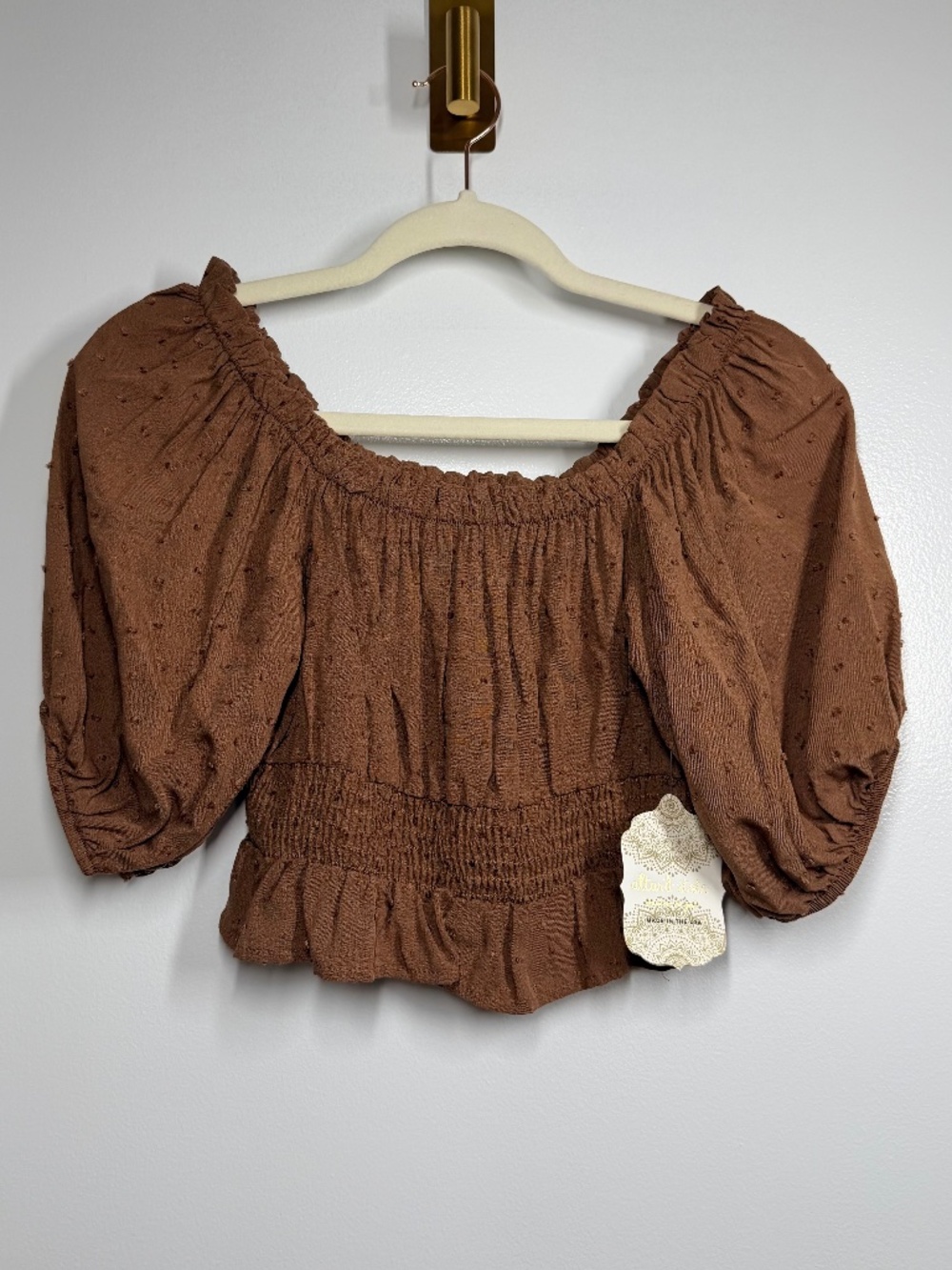 NWT Altar'd State Mocha Brown Smocked Balloon Sleeve Crop Top Small, Cottagecore